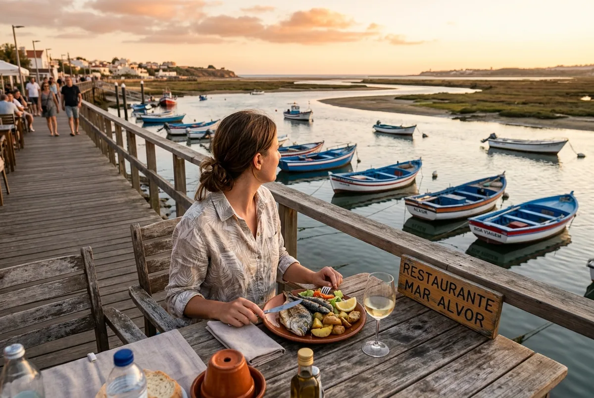 Traveler seated at an outdoor table on the Alvor boardwalk eating grilled fish with the Ria de Alvor estuary and fishing boats in the background, golden evening light