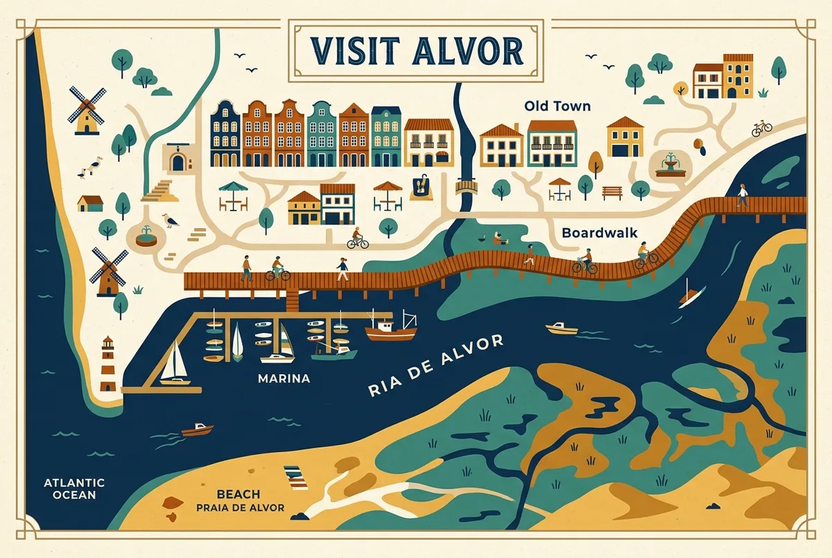 Simple map-style infographic showing Alvor's marina, boardwalk and old town restaurant zones along the Ria de Alvor estuary, flat icon style, generic labels only
