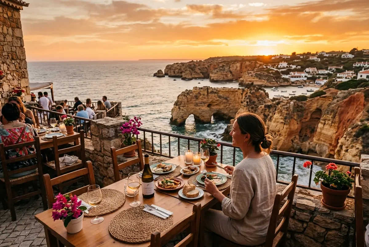 Traveler dining at a clifftop restaurant terrace above Algar Seco rock formations in Carvoeiro with the Atlantic ocean and orange sunset light below
